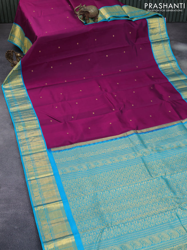 Pure kanchipuram silk saree dark magenta pink and teal blue with zari woven buttas and zari woven korvai border