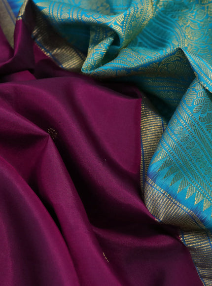 Pure kanchipuram silk saree dark magenta pink and teal blue with zari woven buttas and zari woven korvai border