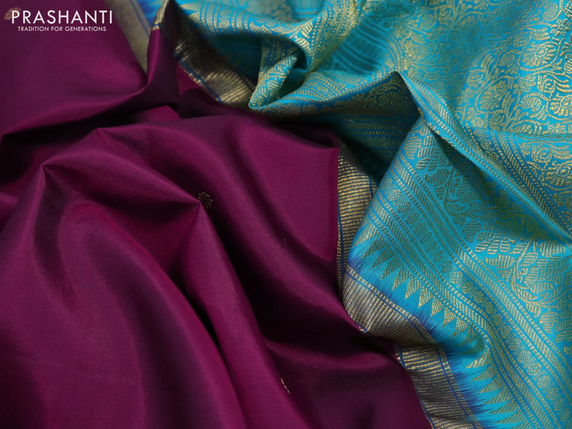 Pure kanchipuram silk saree dark magenta pink and teal blue with zari woven buttas and zari woven korvai border