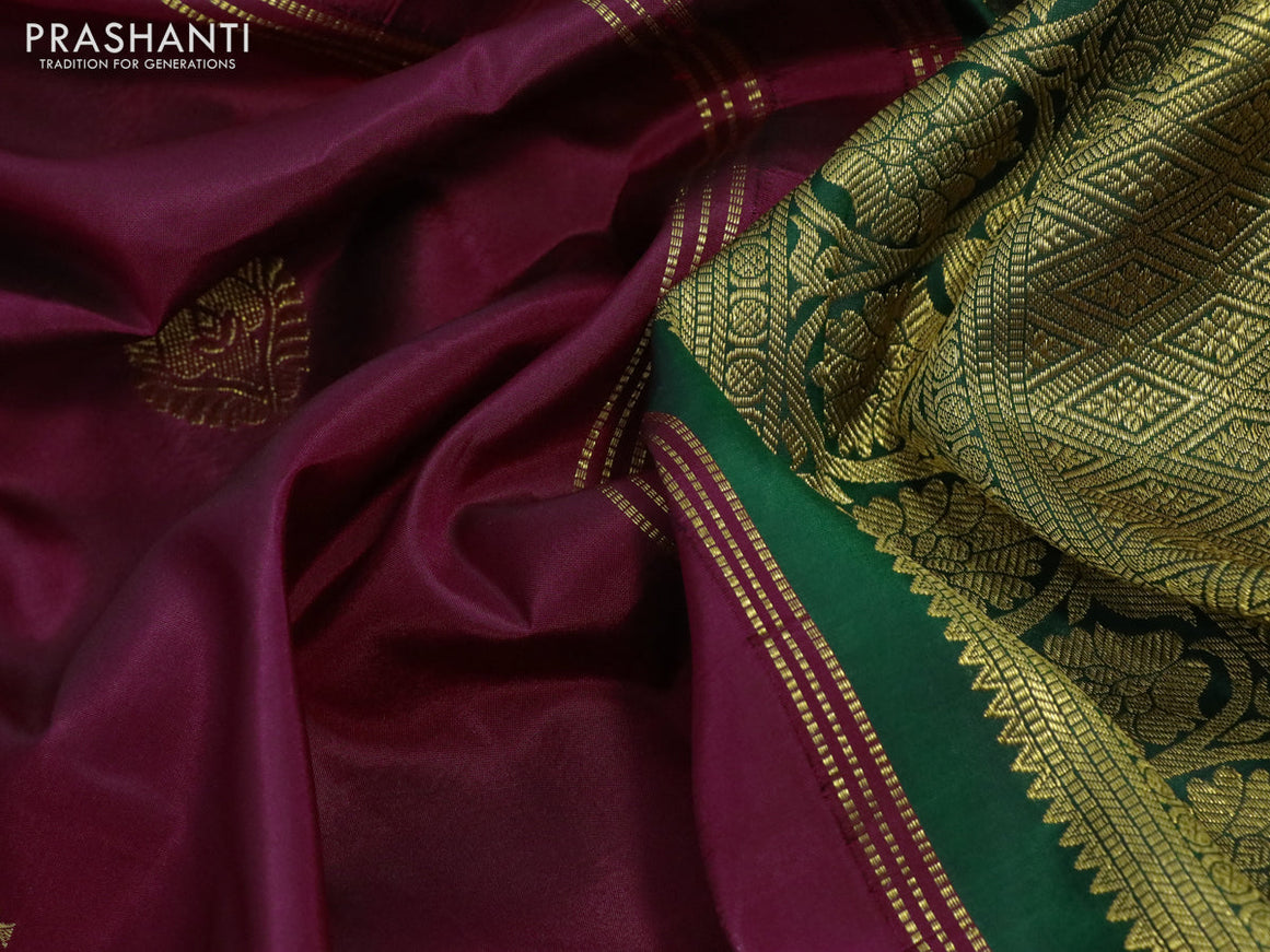 Pure kanchipuram silk saree dark pink and green with zari woven buttas and zari woven korvai border