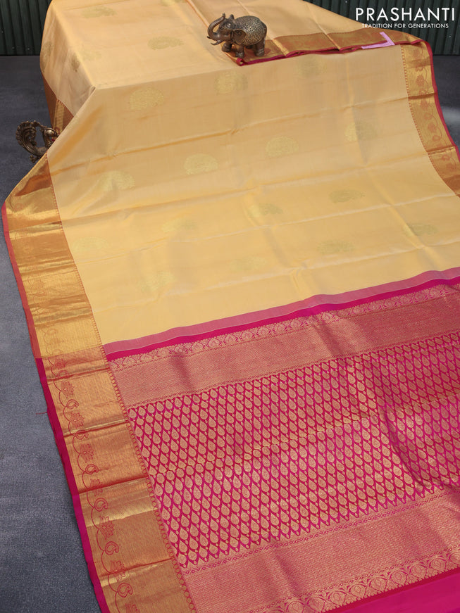 Pure kanchipuram silk saree yellow shade and pink with zari woven buttas and zari woven border