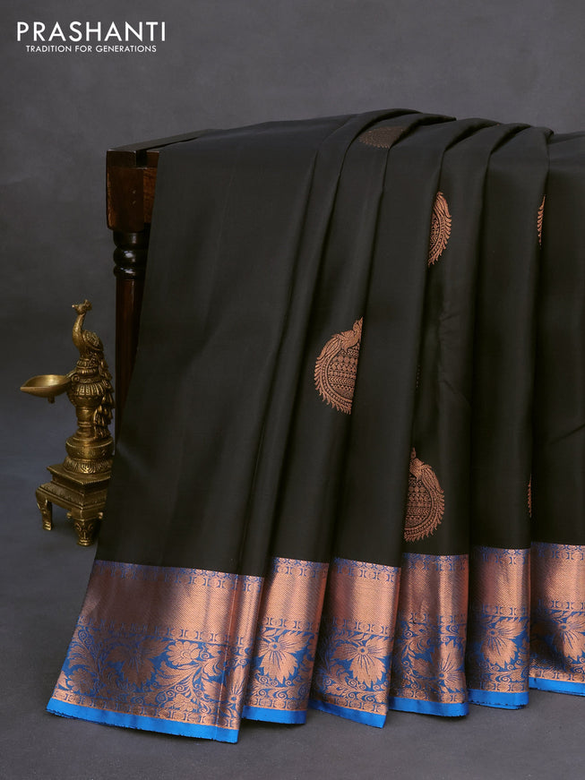 Pure kanchipuram silk saree black and cs blue with copper zari woven buttas and copper zari woven border