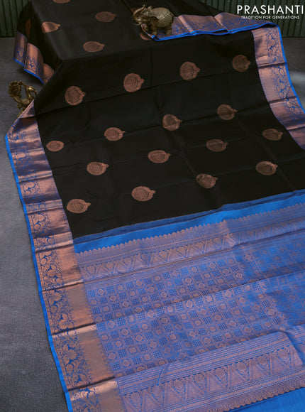 Pure kanchipuram silk saree black and cs blue with copper zari woven buttas and copper zari woven border