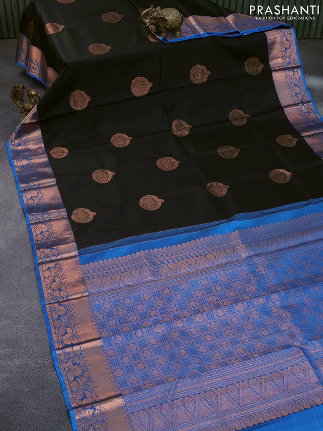 Pure kanchipuram silk saree black and cs blue with copper zari woven buttas and copper zari woven border