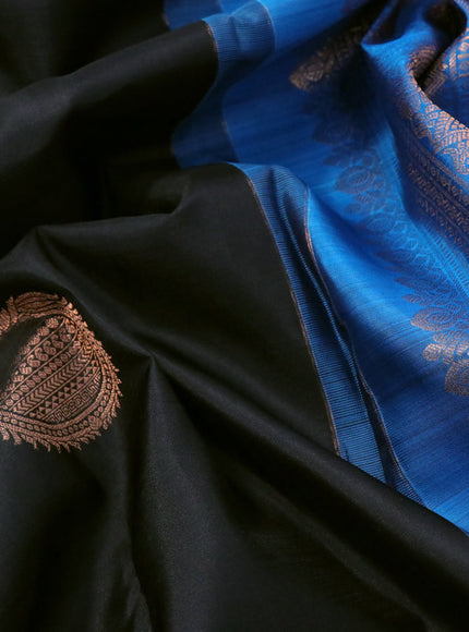 Pure kanchipuram silk saree black and cs blue with copper zari woven buttas and copper zari woven border