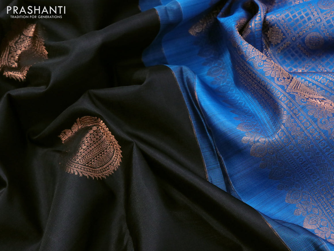 Pure kanchipuram silk saree black and cs blue with copper zari woven buttas and copper zari woven border