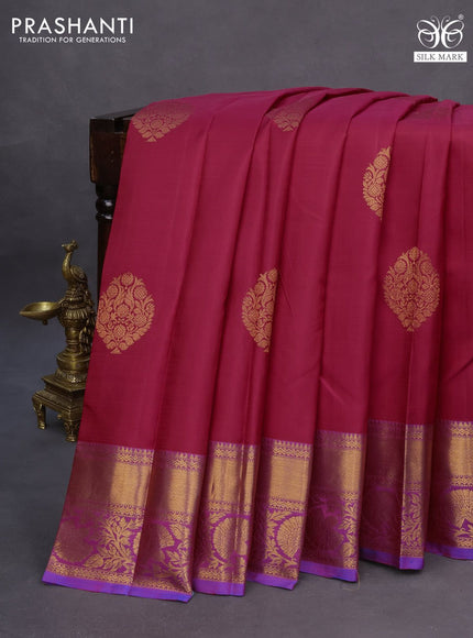 Pure kanchipuram silk saree red and blue with copper zari woven buttas and copper zari woven border