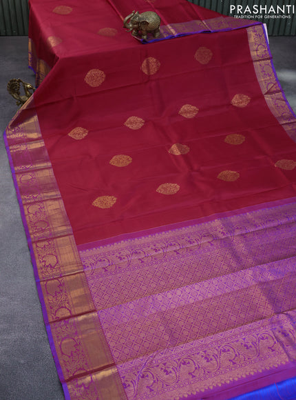 Pure kanchipuram silk saree red and blue with copper zari woven buttas and copper zari woven border