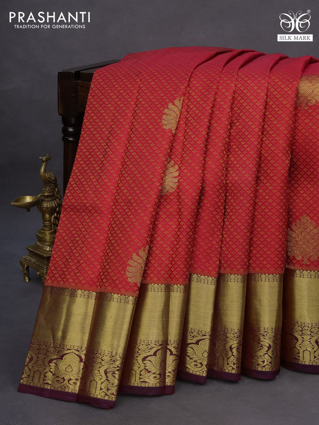 Pure kanchipuram silk saree pink and dual shade of maroon with allover self emboss & buttas and zari woven border