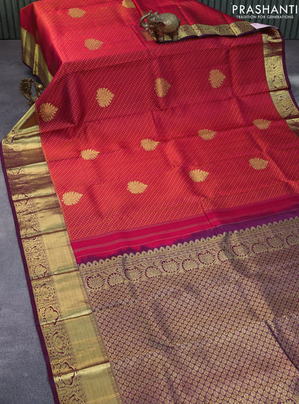 Pure kanchipuram silk saree pink and dual shade of maroon with allover self emboss & buttas and zari woven border