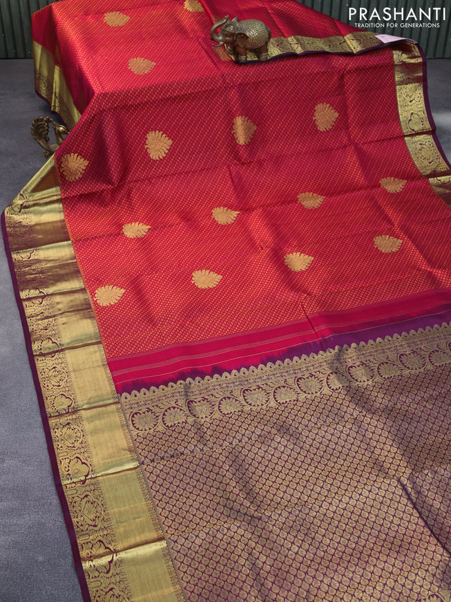 Pure kanchipuram silk saree pink and dual shade of maroon with allover self emboss & buttas and zari woven border