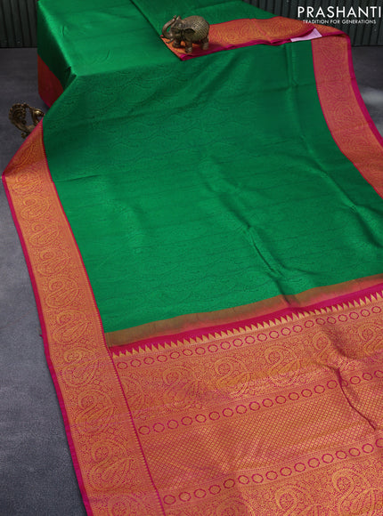 Pure kanchipuram silk saree green and pink with allover self emboss and zari woven border