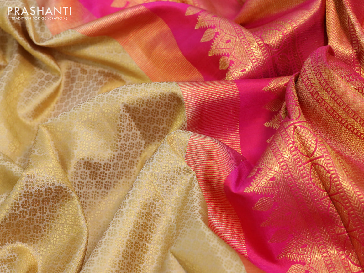 Pure kanchipuram silk saree sandal and dual shade of pink with allover self emboss and long zari woven korvai border