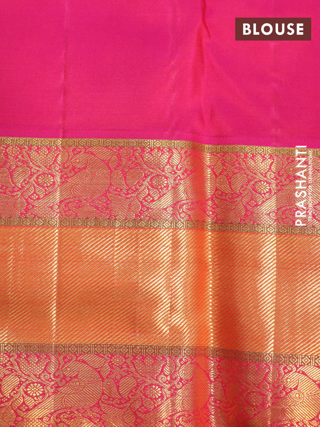 Pure kanchipuram silk saree sandal and dual shade of pink with allover self emboss and long zari woven korvai border