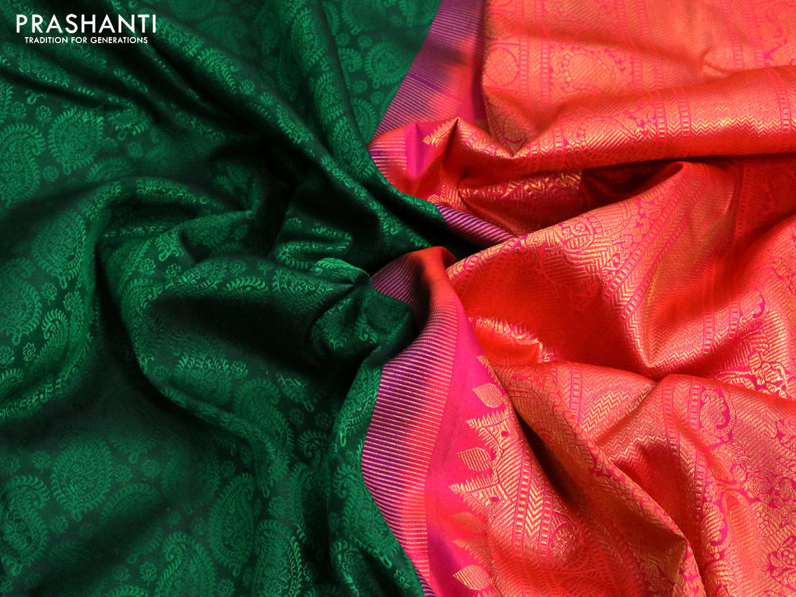 Pure kanchipuram silk saree green and dual shade of pinkish orange with allover self emboss and zari woven border