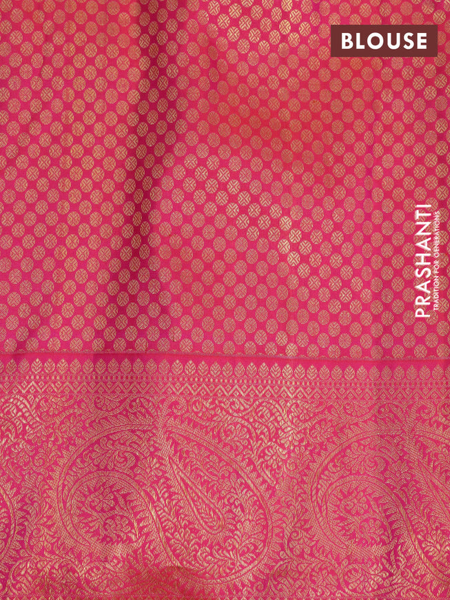 Pure kanchipuram silk saree green and dual shade of pinkish orange with allover self emboss and zari woven border