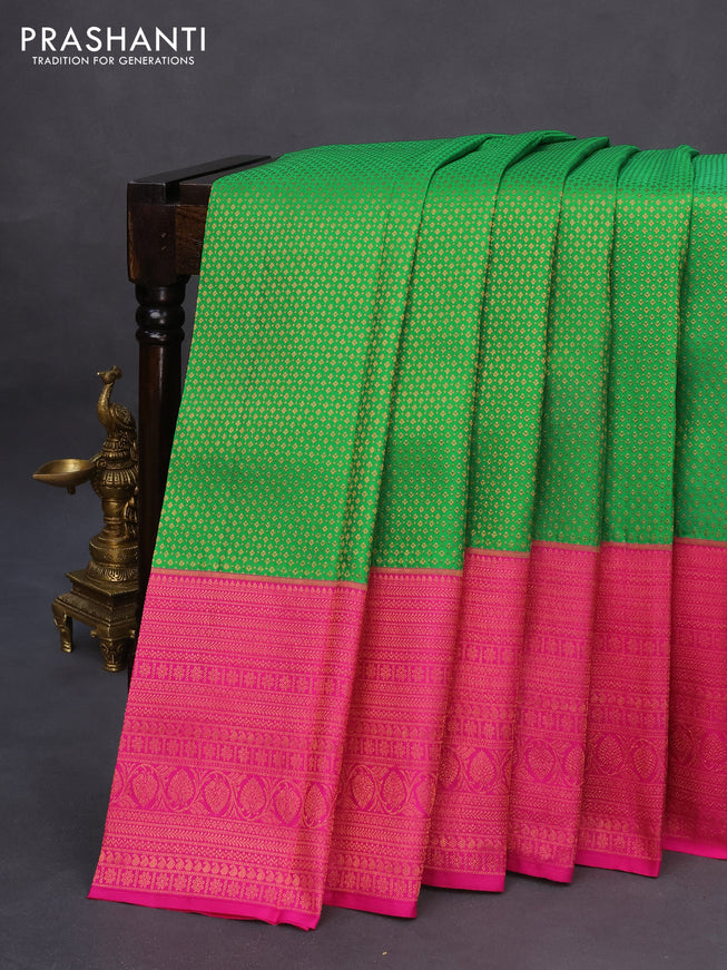 Pure kanchipuram silk saree green and pink with allover copper zari woven brocade weaves and long copper zari woven border