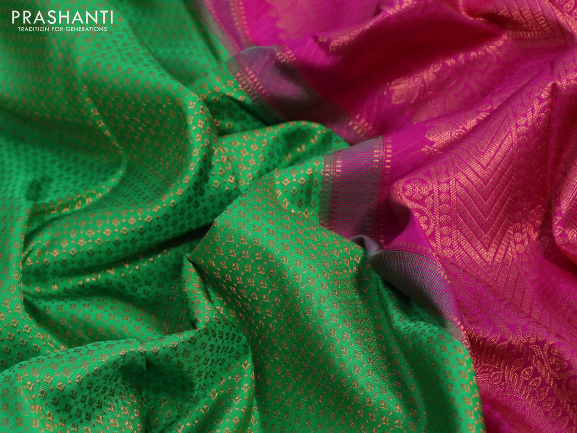 Pure kanchipuram silk saree green and pink with allover copper zari woven brocade weaves and long copper zari woven border