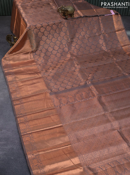 Pure kanchipuram silk saree dark brown shade with allover copper zari woven butta weaves and long copper zari woven border