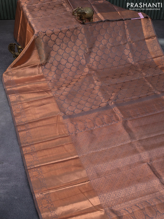 Pure kanchipuram silk saree dark brown shade with allover copper zari woven butta weaves and long copper zari woven border