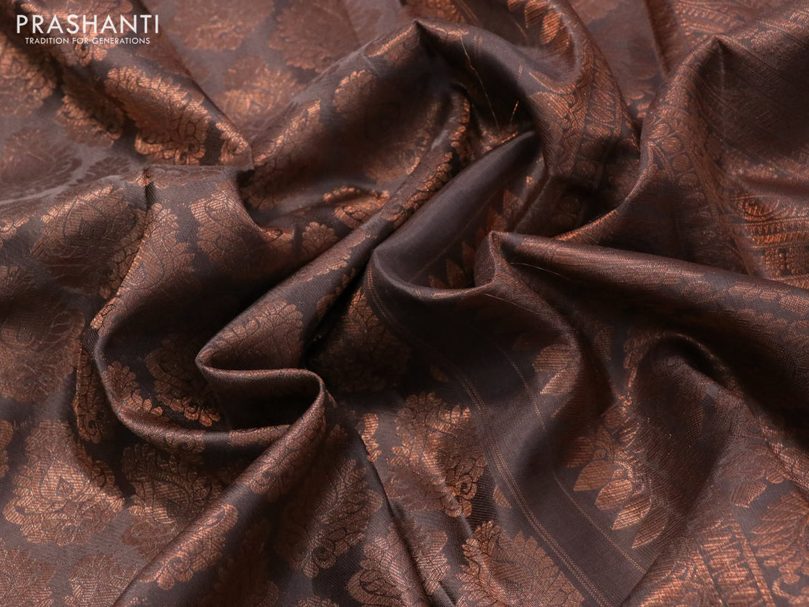 Pure kanchipuram silk saree dark brown shade with allover copper zari woven butta weaves and long copper zari woven border