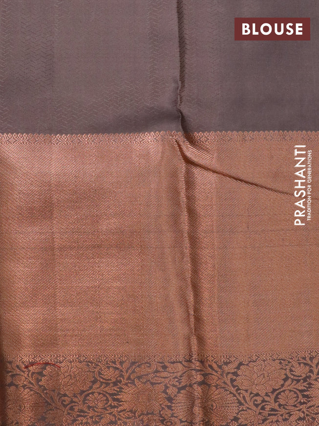 Pure kanchipuram silk saree dark brown shade with allover copper zari woven butta weaves and long copper zari woven border