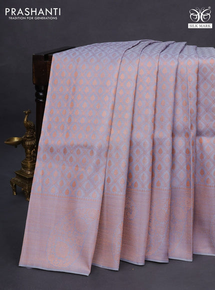 Pure kanchipuram silk saree grey with allover copper zari woven brocade weaves and zari woven border