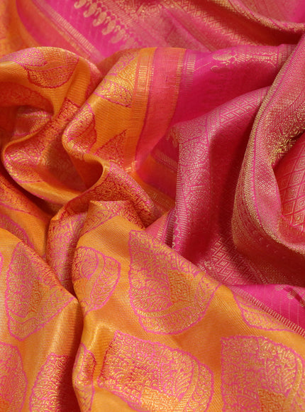 Pure kanchipuram silk saree mango yellow and pink with allover zari woven brocade weaves and zari woven floral border