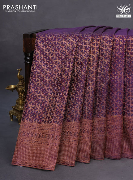 Pure kanchipuram silk saree navy blue with allover copper zari woven brocade weaves and copper zari woven border