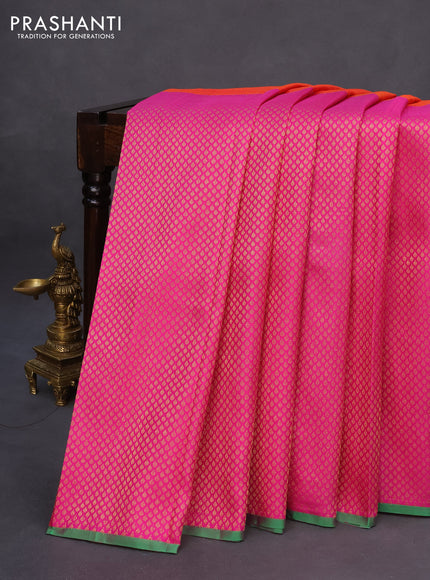 Pure kanchipuram silk saree dual shade of pinkish orange and pink with half & half style and long zari woven border