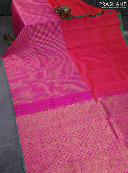 Pure kanchipuram silk saree dual shade of pinkish orange and pink with half & half style and long zari woven border