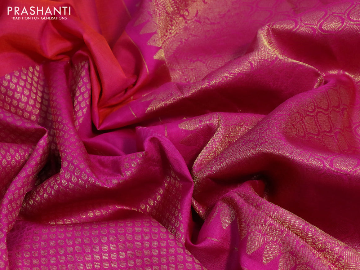 Pure kanchipuram silk saree dual shade of pinkish orange and pink with half & half style and long zari woven border