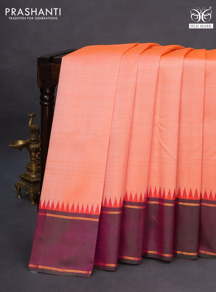 Pure kanchipuram silk saree peach orange and dual shade of pinkish green with plain body and temple design zari woven simple border