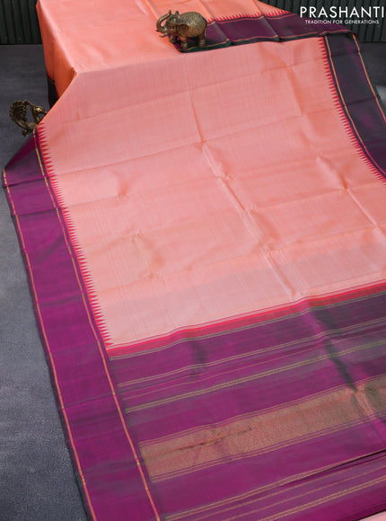 Pure kanchipuram silk saree peach orange and dual shade of pinkish green with plain body and temple design zari woven simple border