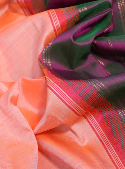 Pure kanchipuram silk saree peach orange and dual shade of pinkish green with plain body and temple design zari woven simple border