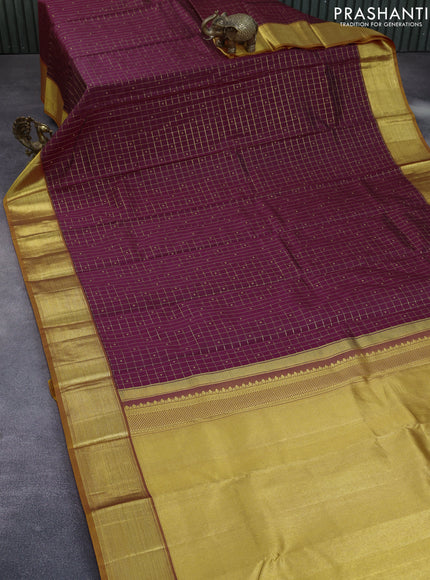 Pure kanchipuram silk saree deep maroon and dual shade of sunset orange with allover zari checks & buttas and zari woven korvai border