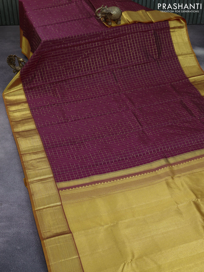 Pure kanchipuram silk saree deep maroon and dual shade of sunset orange with allover zari checks & buttas and zari woven korvai border