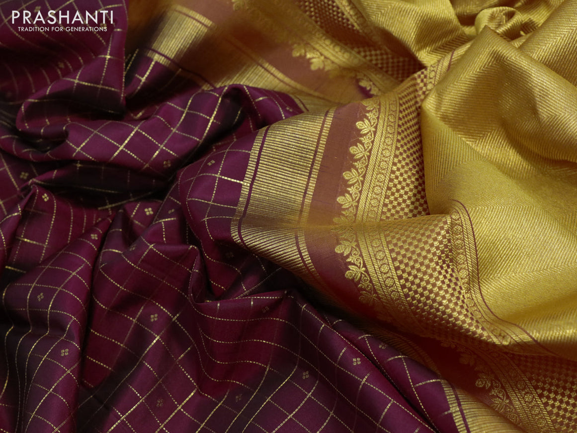 Pure kanchipuram silk saree deep maroon and dual shade of sunset orange with allover zari checks & buttas and zari woven korvai border