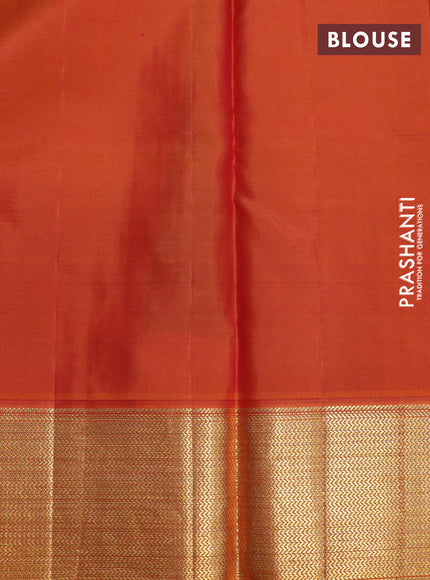 Pure kanchipuram silk saree deep maroon and dual shade of sunset orange with allover zari checks & buttas and zari woven korvai border