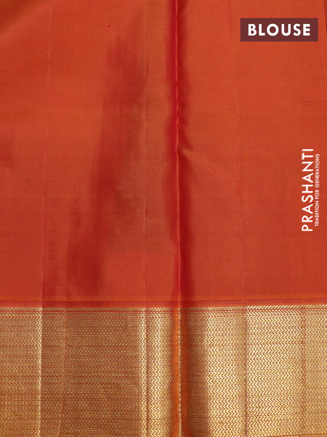 Pure kanchipuram silk saree deep maroon and dual shade of sunset orange with allover zari checks & buttas and zari woven korvai border