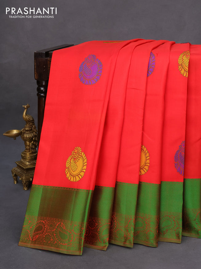 Pure kanchipuram silk saree red and green with thread woven buttas and thread woven border