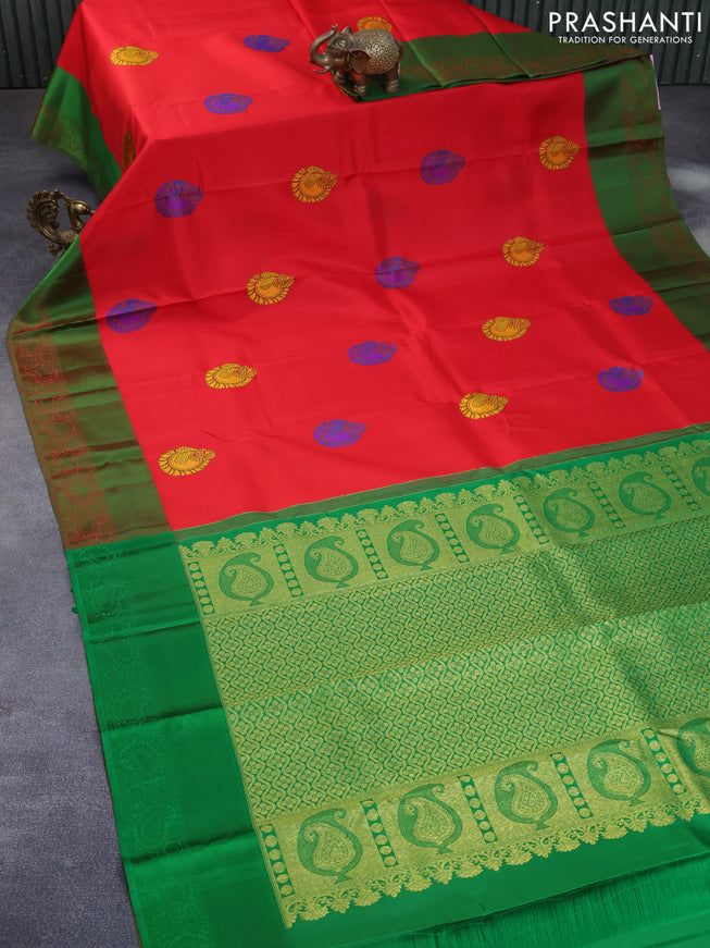 Pure kanchipuram silk saree red and green with thread woven buttas and thread woven border