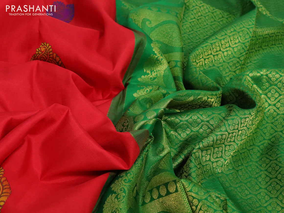 Pure kanchipuram silk saree red and green with thread woven buttas and thread woven border