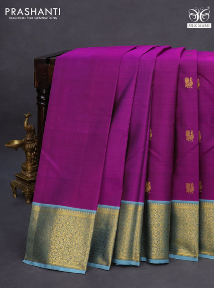 Pure kanchipuram silk saree purple and bluish grey with zari woven buttas and zari woven border