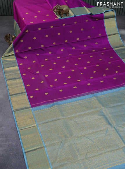 Pure kanchipuram silk saree purple and bluish grey with zari woven buttas and zari woven border