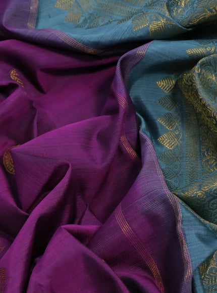 Pure kanchipuram silk saree purple and bluish grey with zari woven buttas and zari woven border