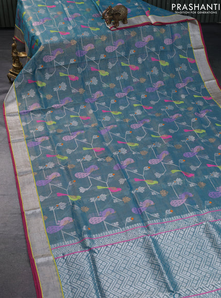 Pure zari kota saree cs blue and pink with allover thread & silver zari weaves and silver zari woven border