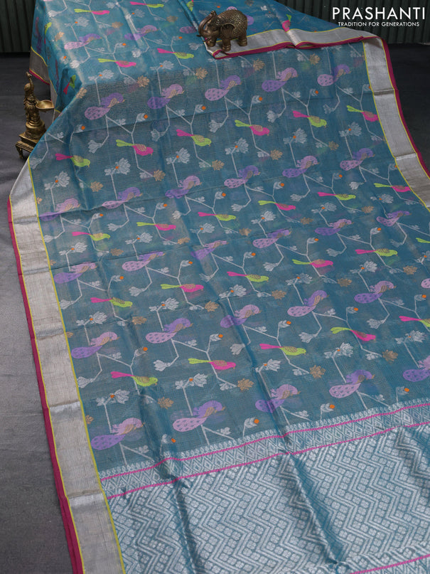 Pure zari kota saree cs blue and pink with allover thread & silver zari weaves and silver zari woven border