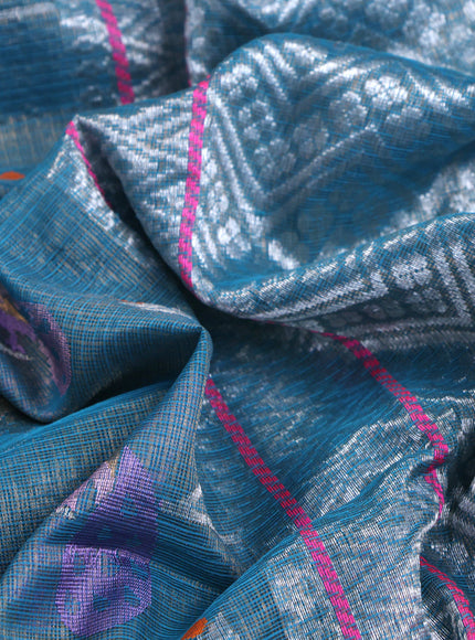 Pure zari kota saree cs blue and pink with allover thread & silver zari weaves and silver zari woven border