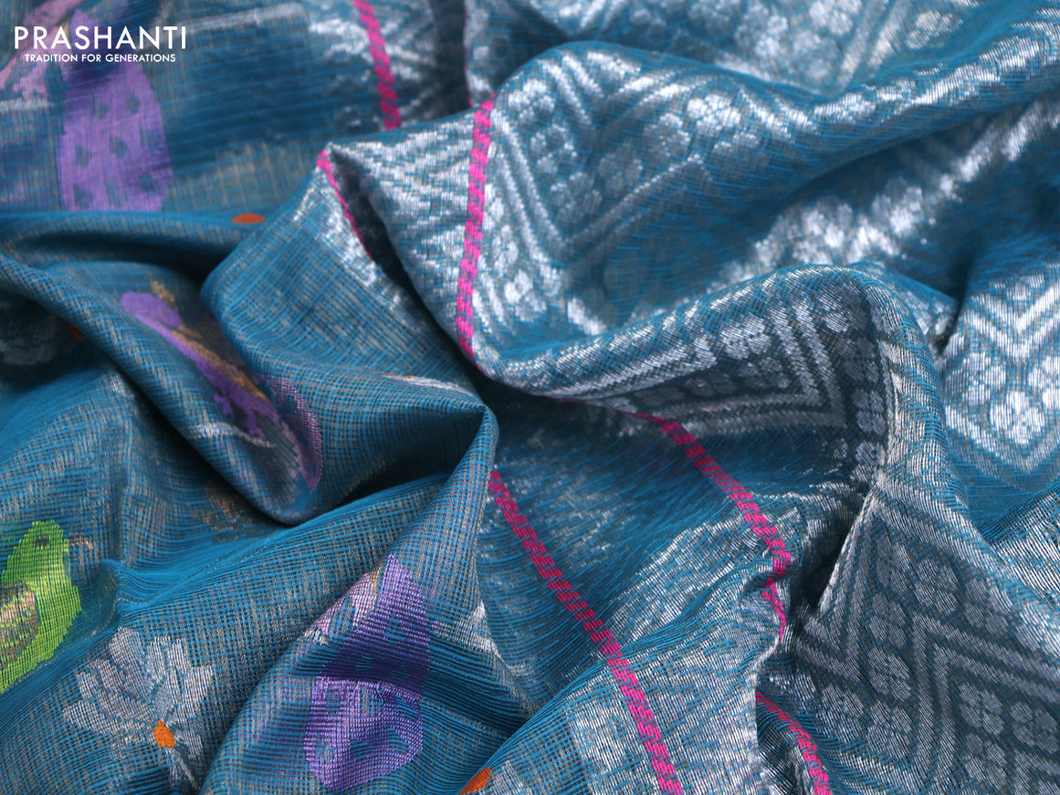 Pure zari kota saree cs blue and pink with allover thread & silver zari weaves and silver zari woven border